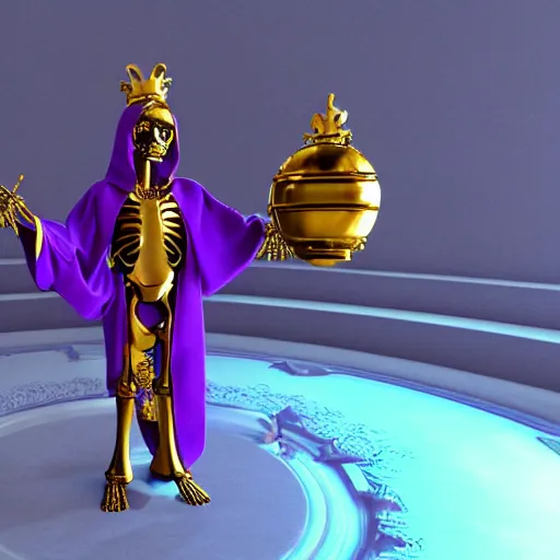 Prompt: a skeleton in a purple robe, golden magical shoulder pads, in a hood, a red magic sphere in his chest, he stands next to a golden throne, realism, game quality, 3d render, proportions