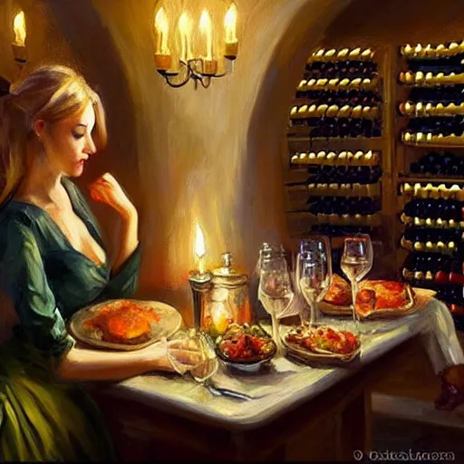 Image similar to wine cellar full of food, torches on the wall, schnapps!, romantic, inviting, cozy, blonde woman, painting Vladimir Volegov