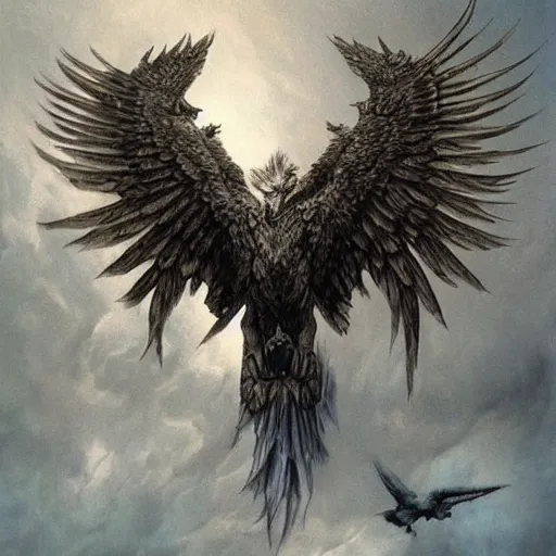 Image similar to griffon concept art, eagle head, lion body, eagle wings, beksinski