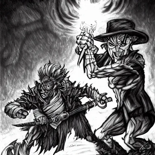 Image similar to goblin performs a stand rush punch attack, hitting a scarecrow in a fire lit tavern, highly realistic sketch, fantasy, jojo, 8 k, dnd