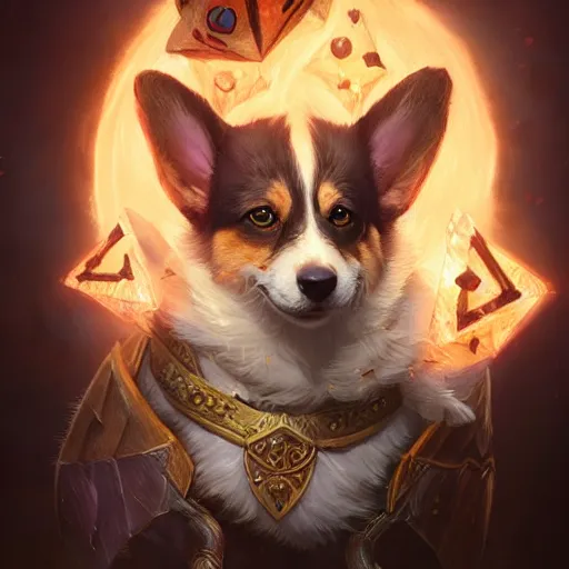 Prompt: d & d character art, corgi puppy, magic user, spellcaster, glowing spell effects, arcane runes, highly detailed digital illustration, hyperrealistic, intricate, fantasy, greg rutkowski, trending on artstation, 8 k