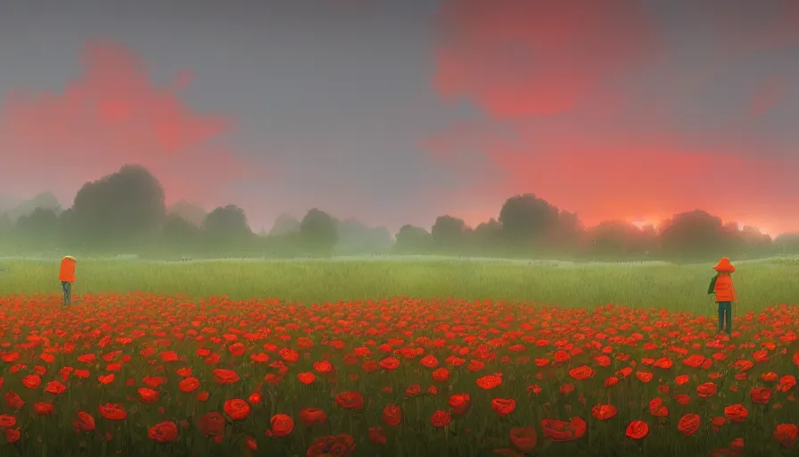 Image similar to field full of red roses, matte painting, art station, orange stormy sky, simon stalenhag