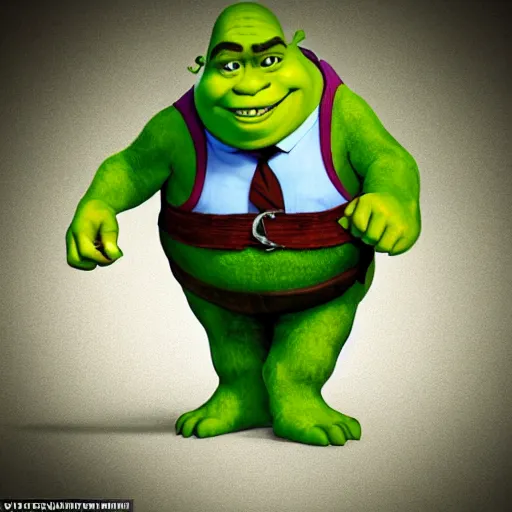 Prompt: shrek in a business suit informing you that you overdrafted your stinky bog mud account and until the debt is repaid in full you are in big trouble mister