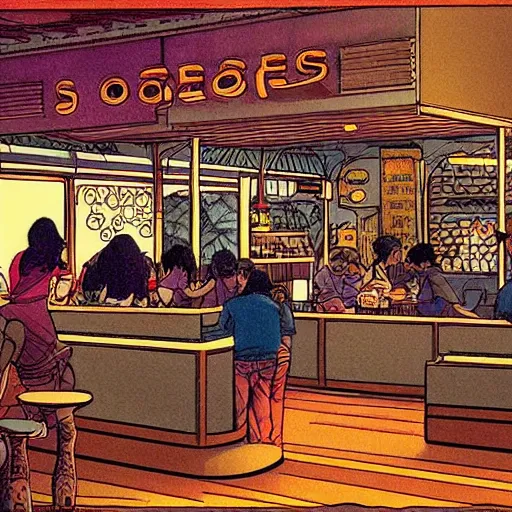 Prompt: a singaporean coffeeshop, by moebius