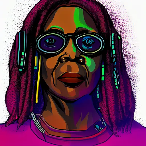 Image similar to cyberpunk robotic whoopi goldberg, sharp lines, digital, artstation, colored in