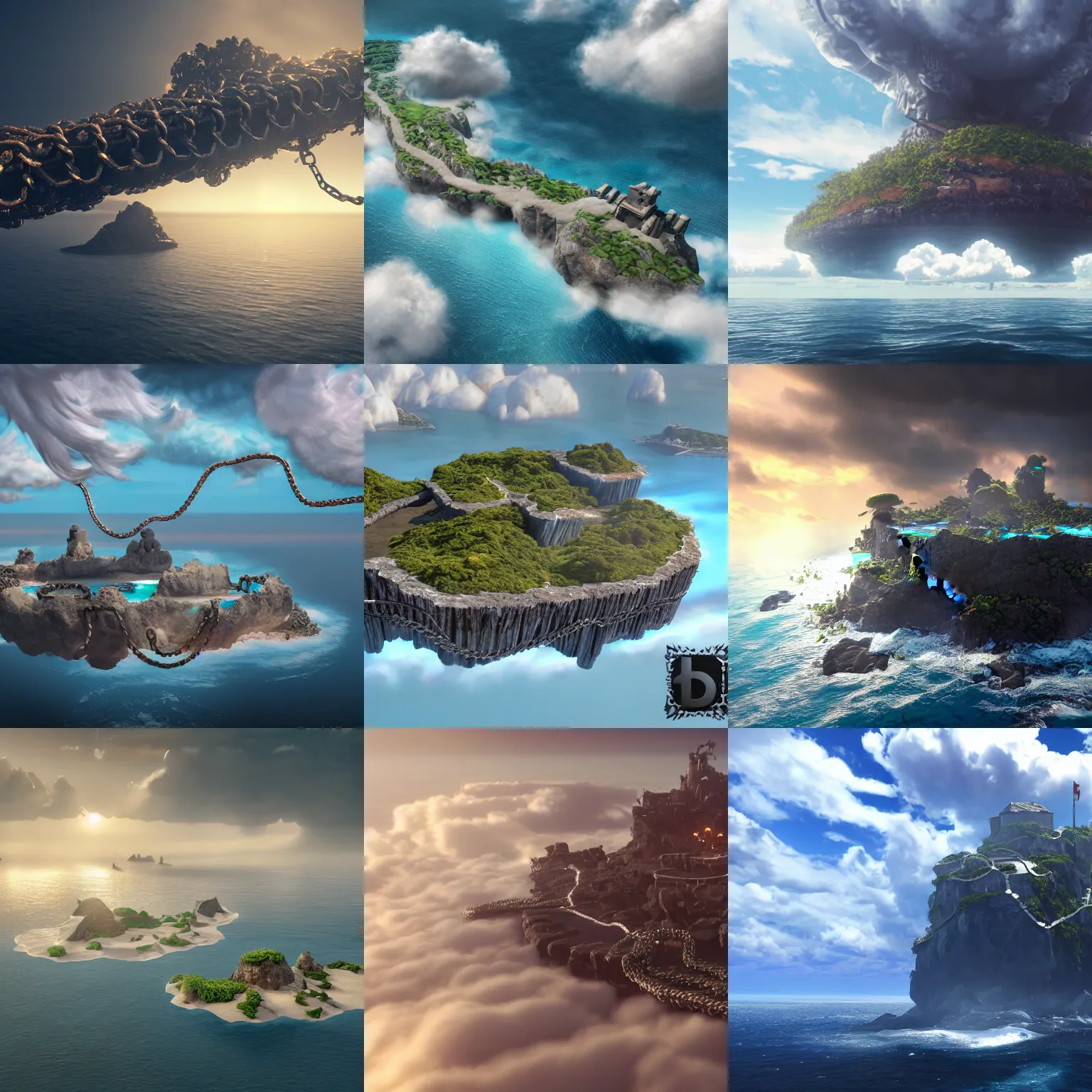 Prompt: A huge island floating sky island in the clouds held down with chains, anchored to the ocean with gigantic chains, unreal engine high definition 4k trending on artstation