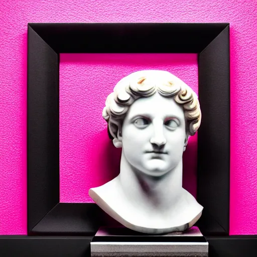 Image similar to a greco - roman marble bust sits on a pink and black checkerboard tile floor, a pink wall in the background with a framed photo of a cityscape at night, trending on bandcamp