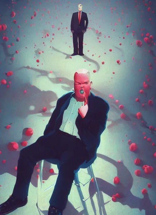 Prompt: Twin Peaks poster artwork by Michael Whelan and Tomer Hanuka, Karol Bak, Rendering of Jim Gaffigan blowing single perfect bubblegum, he's a hitman in peacoat, from scene from Twin Peaks, clean, full of details, by Makoto Shinkai and thomas kinkade, Matte painting, trending on artstation and unreal engine