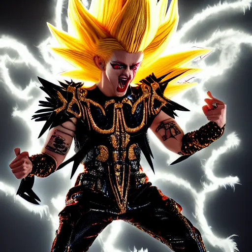 Prompt: uhd photorealistic detailed image of max current, the rock and roll emperor, dressed as super saiyan emperor, powering up, wearing extremely intricate hair metal costume and makeup, by ayami kojima, amano, and karol bak