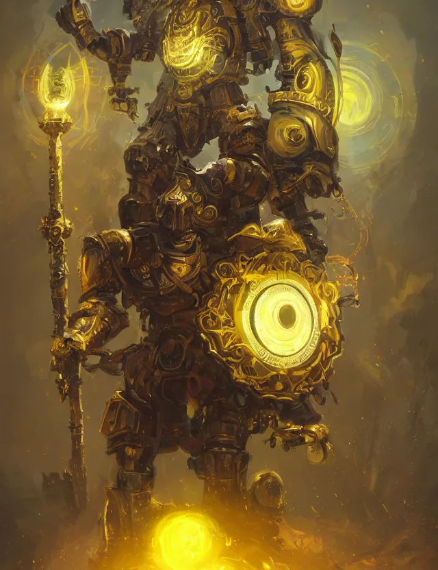 Image similar to full body, attack position abstract painting in lush fantasy environment of a ornate holy mechanical warforged with circular glowing eye, character in yellow armor holding a legendary paladin engraved holy great longsword and carrying a huge heavy paladin shield, vertically flat head, face in focus, epic , trending on ArtStation, masterpiece, cinematic lighting, by Ross Tran and by Greg Rutkowski