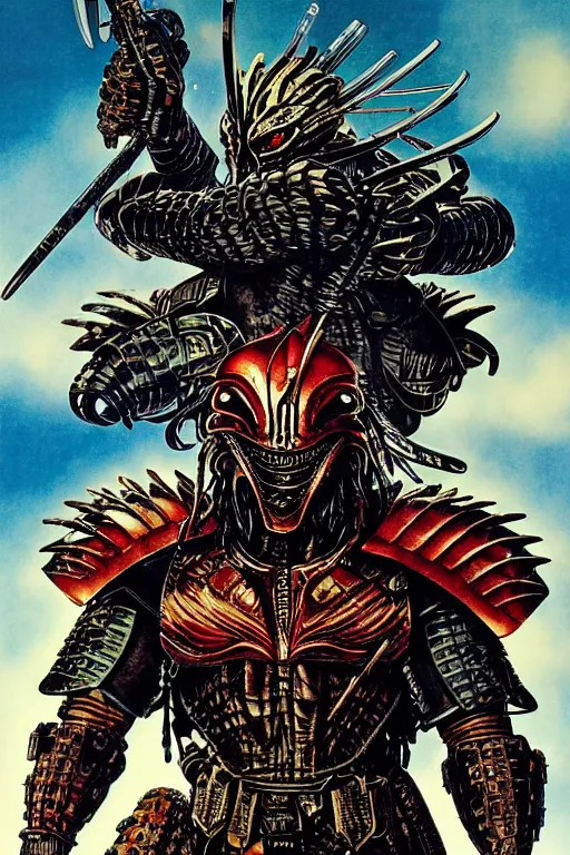 Image similar to poster of the predator with japanese armor and helmet, by yoichi hatakenaka, masamune shirow, josan gonzales and dan mumford, ayami kojima, takato yamamoto, barclay shaw, karol bak, yukito kishiro
