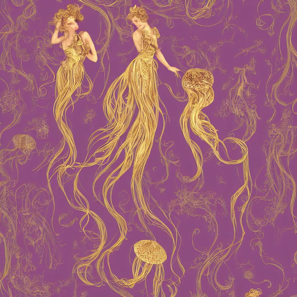 Image similar to Goldenpurple dress design in the style of rococo,Victorian era,jellyfish element,dreamy, soft,Backlight ,luminescence,highly detailed,8k