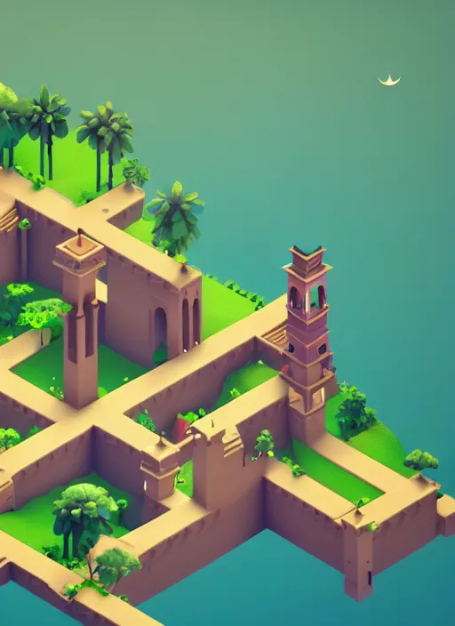 Prompt: a low poly isometric render of a kerala village in the style of monument valley, intricate, elegant, smooth, illustration, simple, solid shapes, by jakub gazmercik, makoto shinkai, max masnyy, jakub gazmercik, beeple, patrick faulwetter, and mc escher, octane render