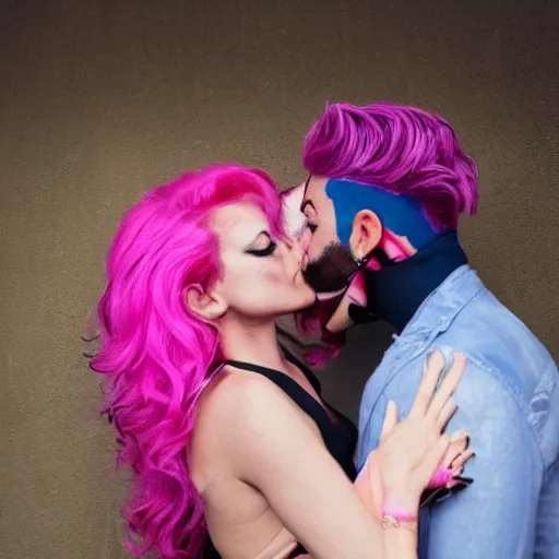 Prompt: feminist woman with pink hair kiss giga chad