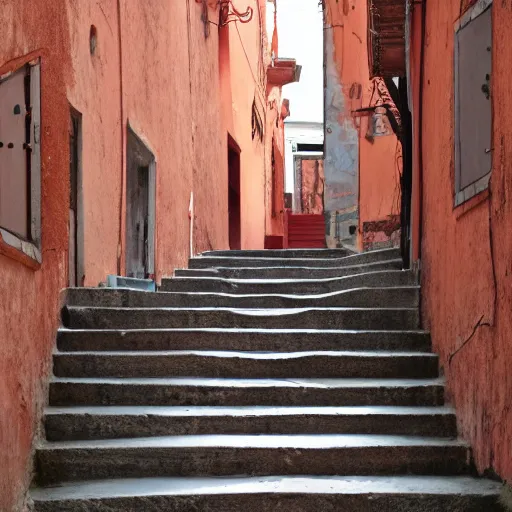 Prompt: maze of stairs to the house on the street of the red city HD 8K