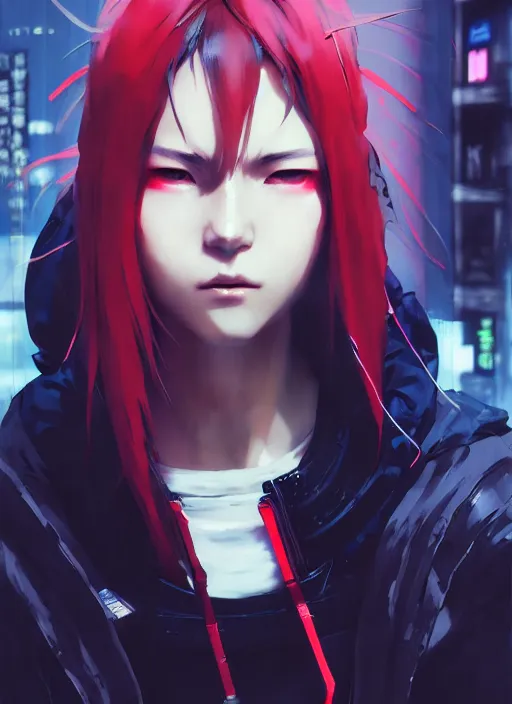 Image similar to cyberpunk anime girl in hoodie, grafity, realistic face, beautiful face, grafity, arcane, action, tokyo street, detail, good face, pose model, concept art, in style of yoji shinkawa, pan ren wei, col price, atey ghailan, by greg rutkowski, aesthetic