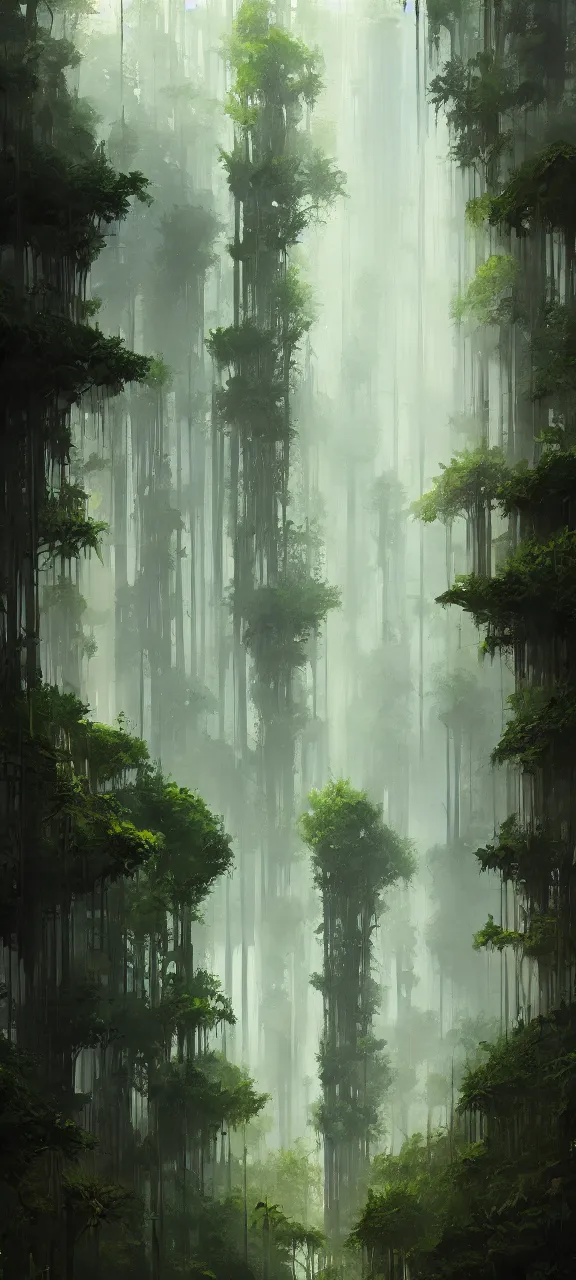 Prompt: A painting of a beautiful vertical forest trending on artstation in the style of Greg Rutkowski