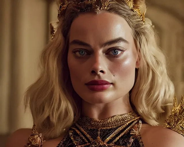 Image similar to Margot robbie as a goddess in heaven, Photography, Cinematic, Portrait, insanely detailed and intricate, hypermaximalist, elegant, ornate, hyper realistic, super detailed