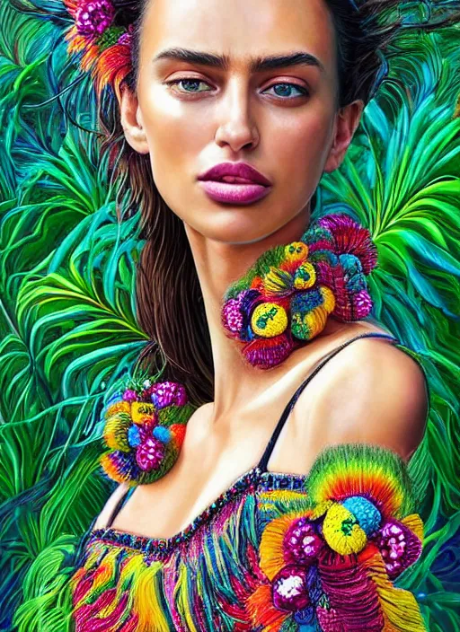 Image similar to beautiful portrait of Irina Shayk wearing fantastic Hand-dyed cotton dress,embellished beaded feather decorative fringe knots ,colorful pigtail,subtropical flowers and plants,symmetrical face,intricate,elegant,highly detailed,8k,digital painting,trending on pinterest,GUCCI,PRADA,harper's bazaar,concept art, sharp focus,illustration,by artgerm,Tom Bagshaw,Lawrence Alma-Tadema,greg rutkowski,Alphonse Mucha