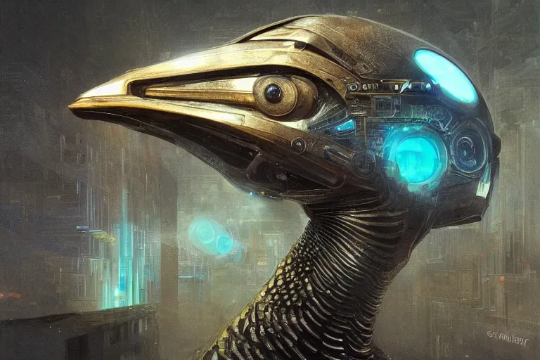 Prompt: A solarpunk very highly detailed cybertronic Goose with very highly detailed face on the street of a very highly detailed solarpunk sci-fi city digital rational painting art by Greg Rutkowski, sci-fi highly detailed, digital concept art, Dimensional cyan gold natural light, sharp focus, Golden Ratio illustration, realistic concept art by Stephen Hickman and James Gurney and Hiromasa Ogura Ghost in the Shell rendered in Octane Render, From the distance