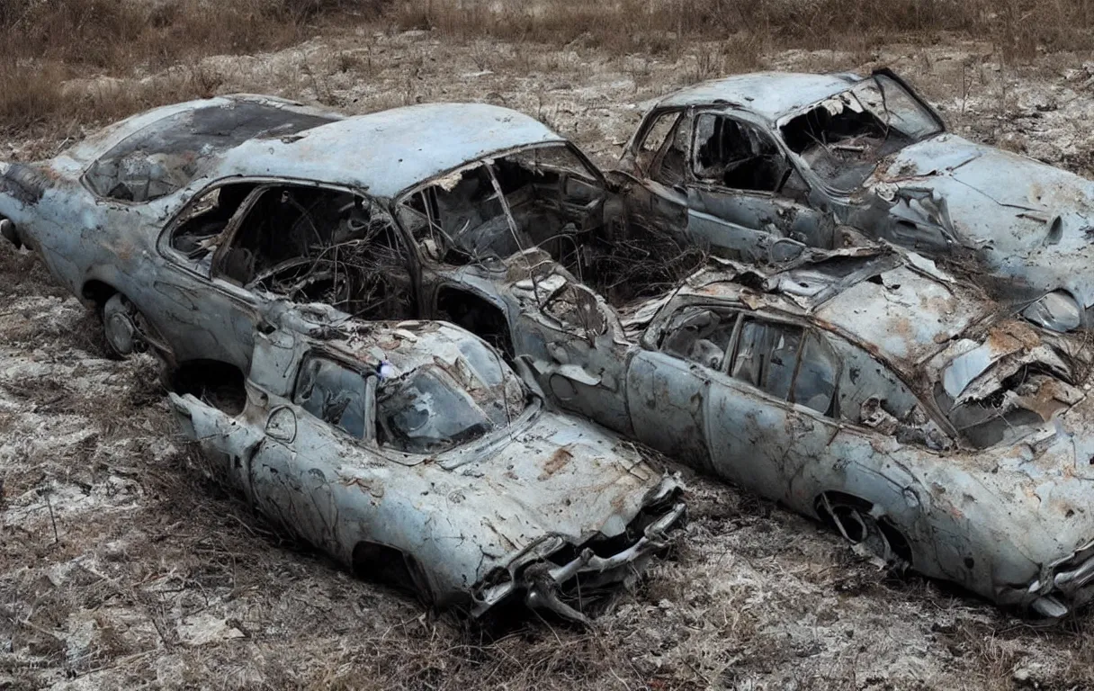 Image similar to a post apocalyptical car abandoned in a wasteland, max max style