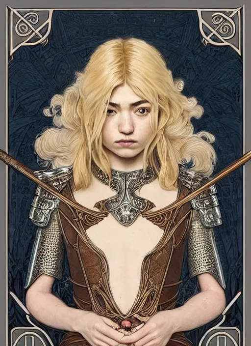 Image similar to centered portrait, Imogen Poots as a D&D paladin, blonde hair, intricate metal armour, Art Nouveau, beautiful retro Fantasy heroine 1985, intricate, elegant, highly detailed, centered, digital painting, trending on artstation, concept art, smooth, sharp focus, illustration, art by raphael lacoste, eddie mendoza, Mucha, alex ross, WLOP