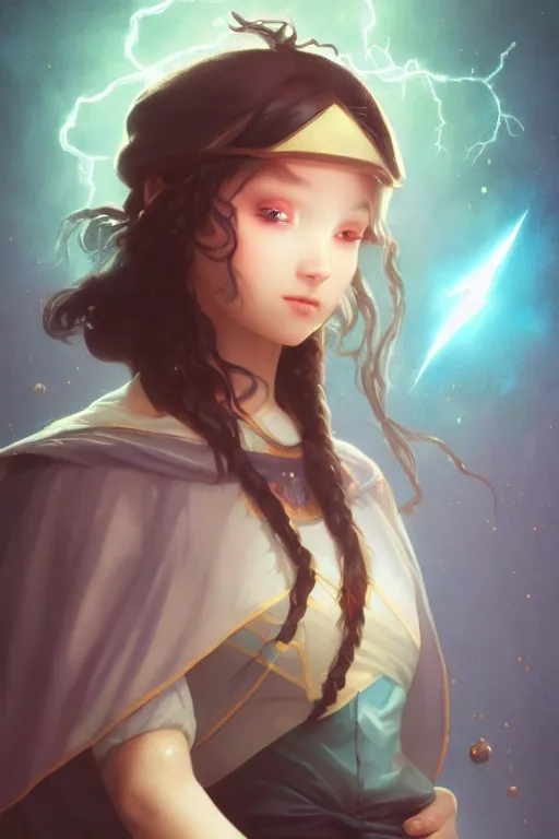 Image similar to a cute wizard girl conjuring a lightening ball, character art portrait, anime key visual, official media, illustrated by tom bagshaw, wlop, william bouguereau, extremely detailed, 8 k, trending on artstation, cinematic lighting, beautiful