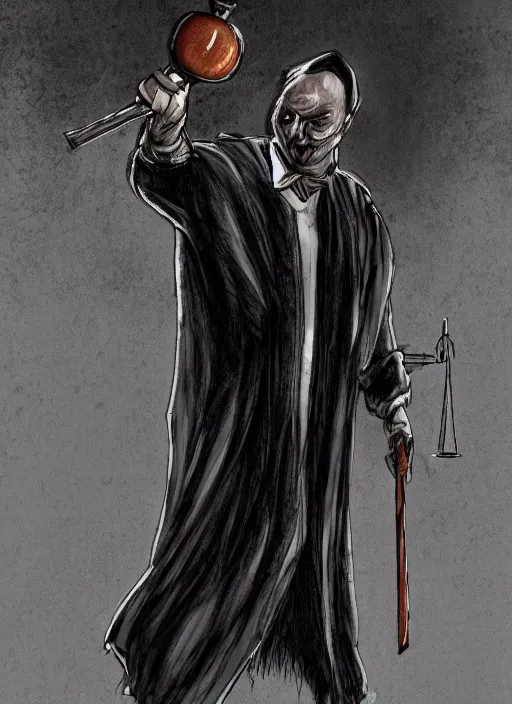 Image similar to judge in a black robe holding a scales of justice in one hand and a gavel in the other hand, dead by daylight killer, concept art, 4k