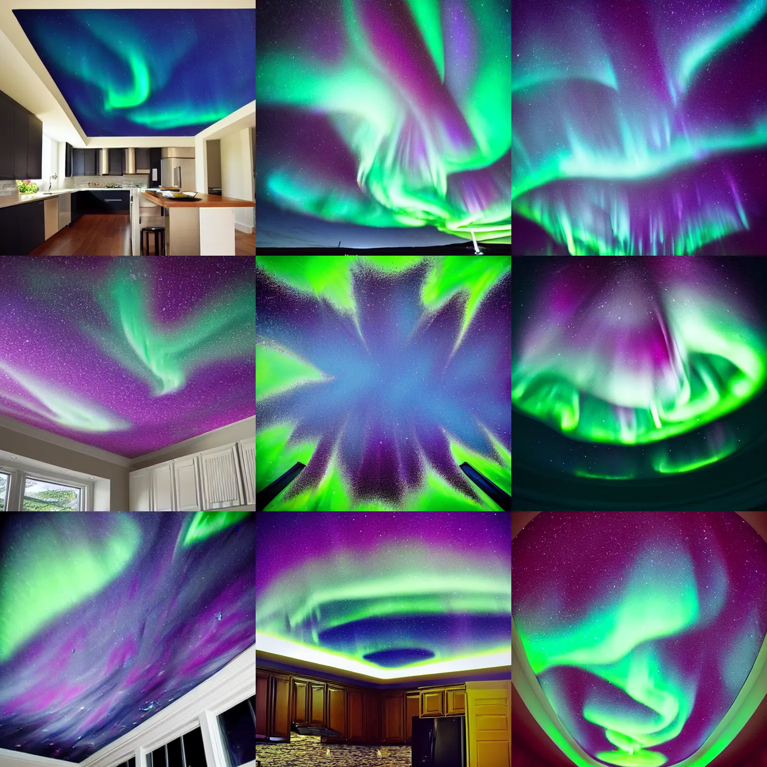 Prompt: “Award winning photo of Aurora Borealis painted on a kitchen ceiling ”