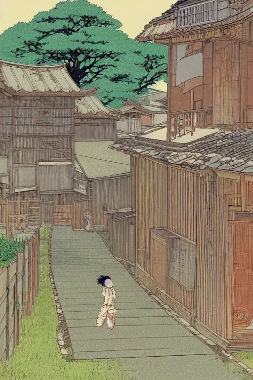 Prompt: beautiful anime illustration japanese rural homes morphing into giant cats, by moebius, masamune shirow and katsuhiro otomo