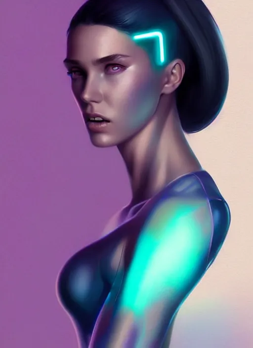 Image similar to portrait of modern female humanoid, transparent body hugging clothes, very futuristic, elegant, cyber neon lights, highly detailed, digital photography, trending in artstation, trending in pinterest, glamor pose, concept art, smooth, sharp focus, art by artgerm and greg rutkowski