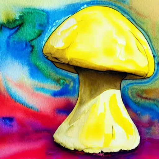 Prompt: a light yellow labrador sitting next to a giant mushroom, rough vibrant watercolor painting, bold brushstrokes, thick wet paint, expressive, drips, spatters, and lively irregular edges, scribble fade