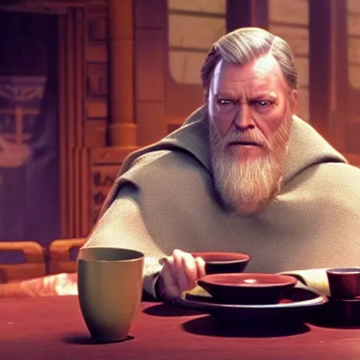 Prompt: Obi Wan! sits at a table with Palpatine! and Drinks tea. Screenshot from Movie, Movie Still, 8k, High Resolution, Highly Detailed