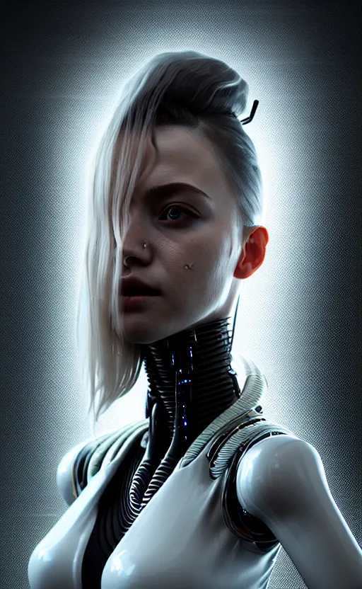 Image similar to intricate hyper detailed ultra sharp 3 d render of a beautiful smooth porcelain fascinating cyberpunk woman portrait, medium shot portrait, beautiful natural bright light, alexandre ferra mecha, haute couture, cyberpunk black shining armor, art nouveau, octane render, volumetric cinematic lighting, 8 k, vray tracing