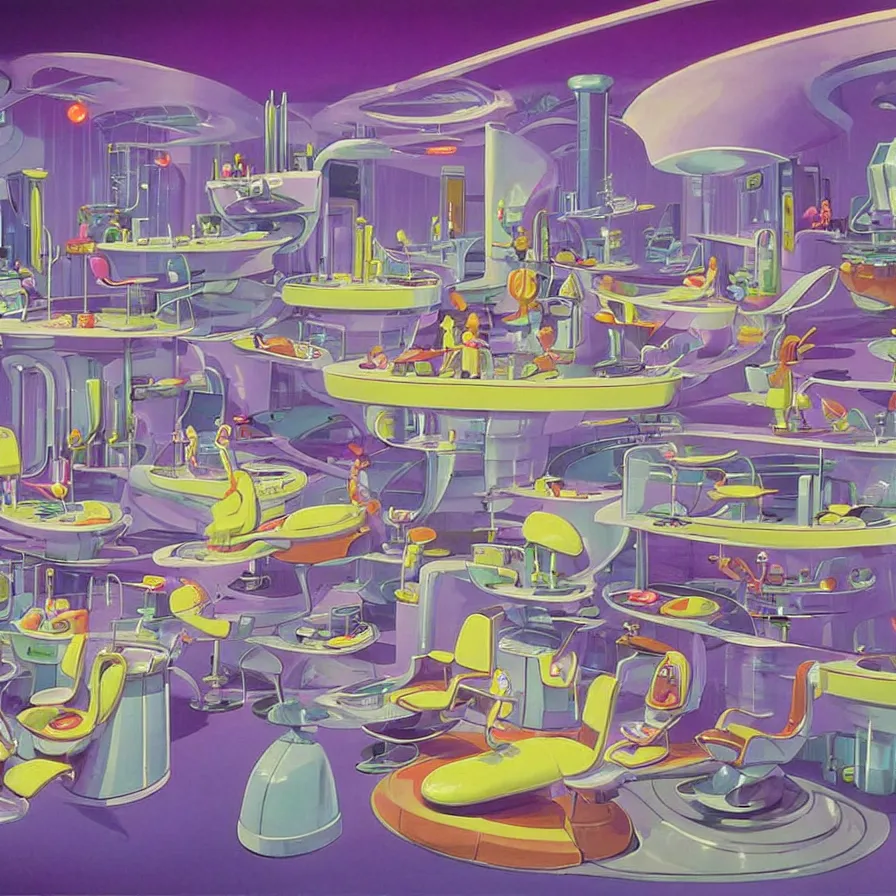 Image similar to concept art of jetsons cartoon scenario of a futuristic hair salon, painted by tim white