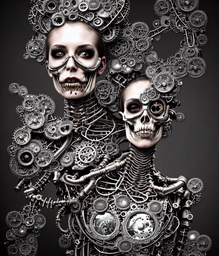 Image similar to highly detailed photo portrait of complex bio-mechanical beautiful young female undead skeletal cyborg with a Mandelbrot fractal steampunk metal fine lace face, retrofuturistic depressing hopeless horrific vibe, radiating dark energy aura, curled silver hair and a fine metal floral foliage super big lace collar by Alexander McQueen:: high fashion, haute couture, rococo, steampunk, silver filigree details, anatomical, facial muscles, cable wires, microchip, elegant, hyper realistic, 150 mm lens, soft rim light, octane render, unreal engine, volumetric lighting, 8k, muted reflective metallic coloring, sharp focus