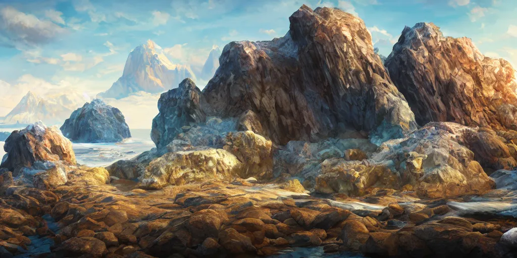 Image similar to a desolate salt covered island surrounded by colourful rugged crystal quartz mountains, illustration, bright sunlight, sun glints, sunrays, digital art, hyperrealistic, oil painting, fantasy, 8 k, trending on artstation, detailed
