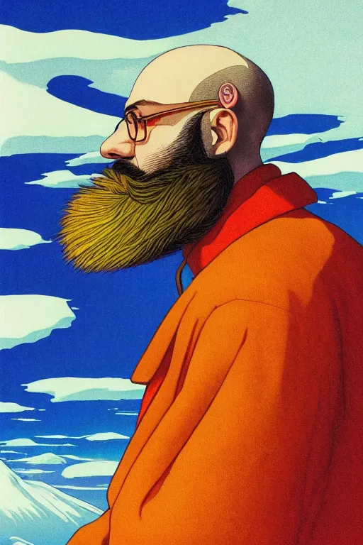 Image similar to a colorful closeup portrait of a young bald man with a huge beard and dreaming psychedelic hallucinations in the vast icy landscape of antarctica, by kawase hasui, moebius and edward hopper, colorful flat surreal design, hd, 8 k, artstation