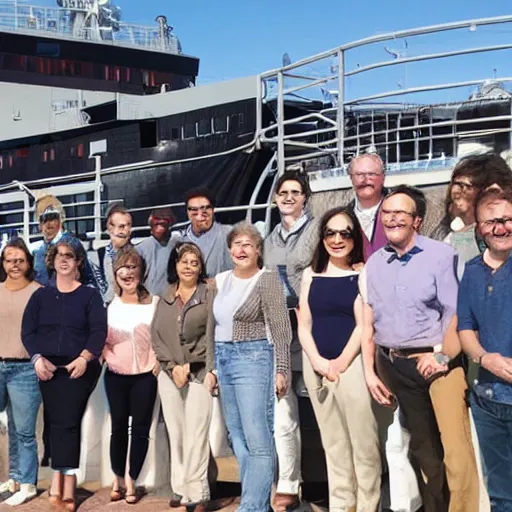 Image similar to photograph of a ship full of math professors, wide shot, sunny day, soft focus