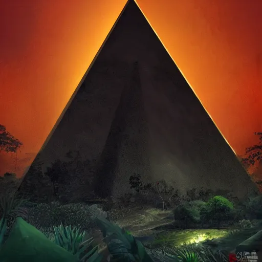 Image similar to black obsidian pyramid!! in a jungle, with a silhouette of humanoid creature by eugene von guerard, ivan shishkin, night, red lightning!!, night!, dramatic lighting, concept art, trending on artstation, 8 k