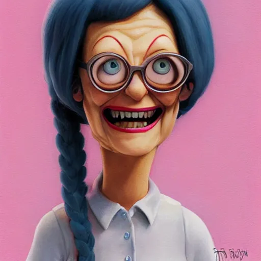 Image similar to beautiful hyperrealistic detailed matte portrait painting of happy linda belcher from bobs burger, by andreas rocha and john howe, and martin johnson