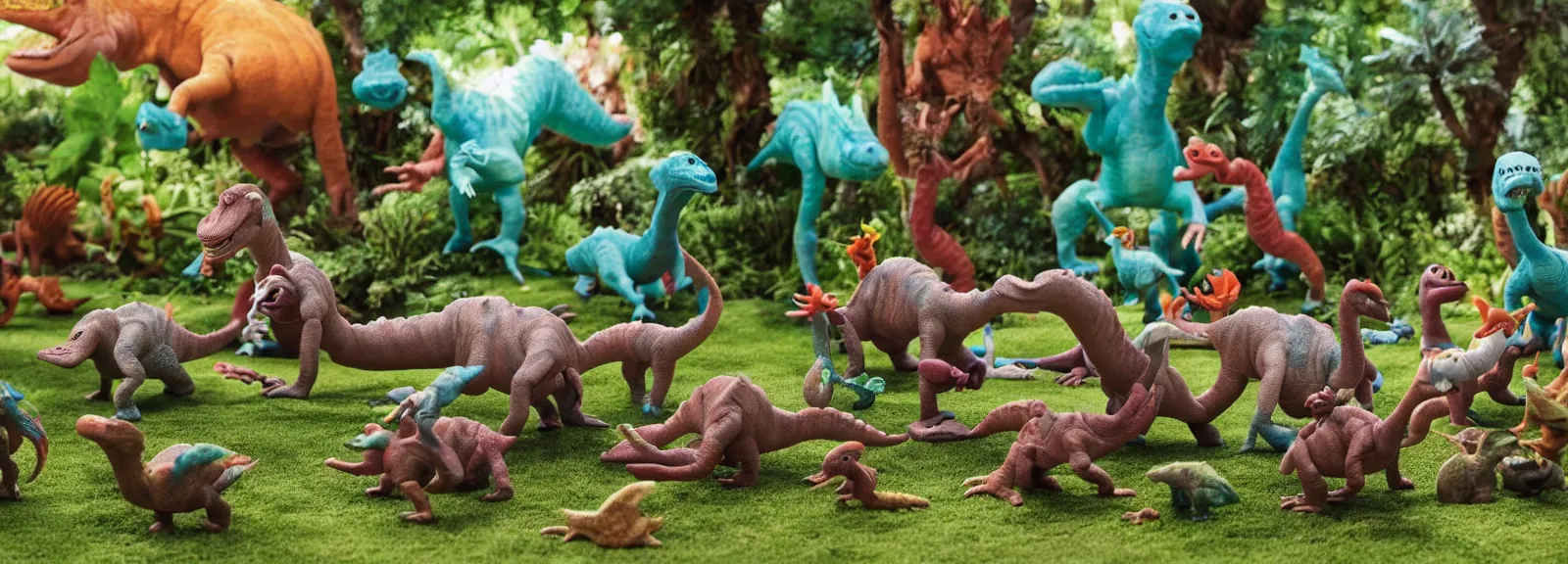 Prompt: small group of claymation dinosaurs drinking cocktails in the garden of eden
