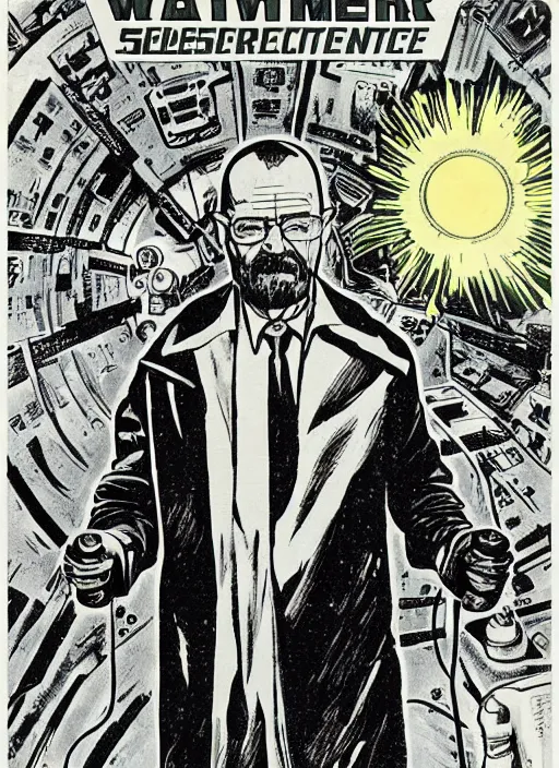 Prompt: Walter White as space wizard in retro science fiction cover by Stanisław Lem, vintage 1960 print