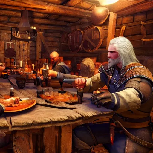 Image similar to geralt eating beans in a tavern, witcher 3 in game screenshot, epic composition