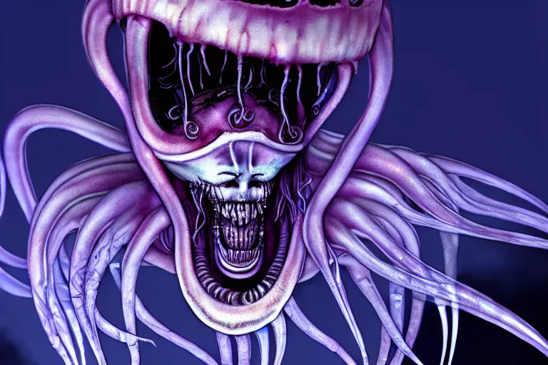 Prompt: jellyfish as xenomorph queen, psycho stupid fuck it insane, looks like death but cant seem to confirm, cinematic lighting, bioluminescence fluorescent phosphorescent, various refining methods, micro macro autofocus, ultra definition, award winning photo, to hell with you, glowing bones, devianart craze, a gammell - giger film