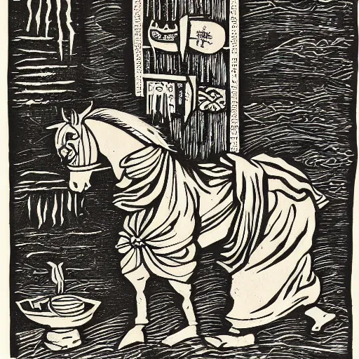 Image similar to offerings for the horse goddess, woodcut print