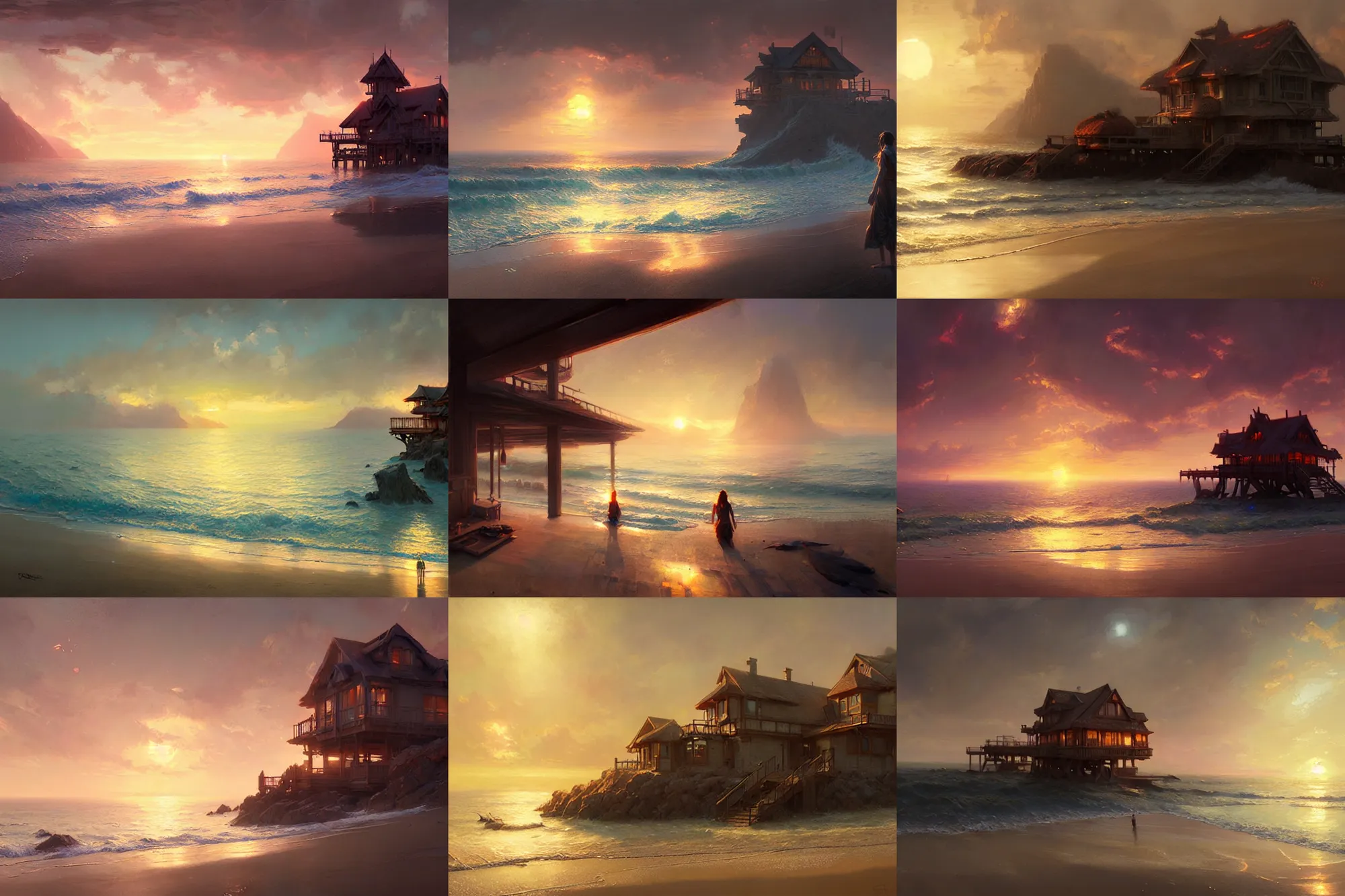 Image similar to beach house at sunset, highly detailed, lens flare, bloom, fantasy, digital painting, concept art, matte, art by ruan jia and wlop and greg rutkowski, masterpiece