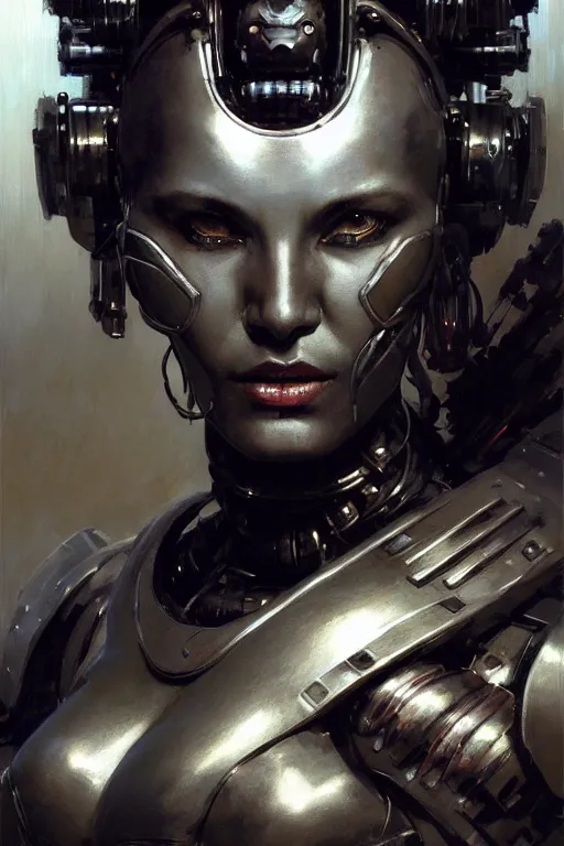 Image similar to extreme close up, facial portrait, half - cyborg woman with a long black ponytail in gunmetal grey sci - fi armor, wearing an african mask, mechanical armor, cybernetic hands, striking pose, portrait dnd, painting by gaston bussiere, craig mullins, greg rutkowski, yoji shinkawa