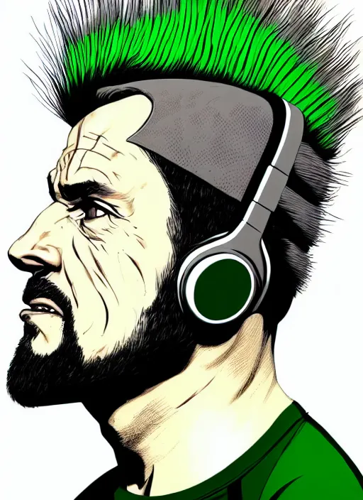 Image similar to portrait of a man with gray and green mohawk wearing a gray headset and brown tank top, gray and green mohawk, gray headset, brown tank top. art by martin ansin, martin ansin artwork. portrait.