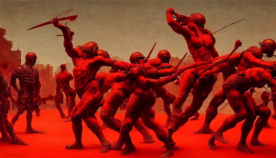 Image similar to only with red, a lightly armored gladiator in a crowded roman amphitheatre, crowd cheering, in the style of beksinski and edward hopper and rodcenko and yue minjun and cory loftis, intricate and epic composition, red by caravaggio, highly detailed, masterpiece, red light, artstation, art nouveau